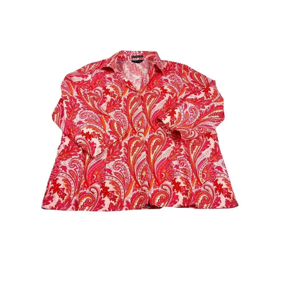 Lands End No Iron Pinpoint Womens Oxford Button Shirt 3/4 Sleeve Paisley Top 18